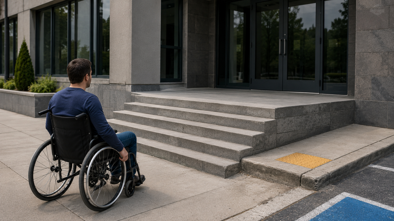 A person using a wheelchair looking at steps with no handrails or nosing strips and leading to a doorway